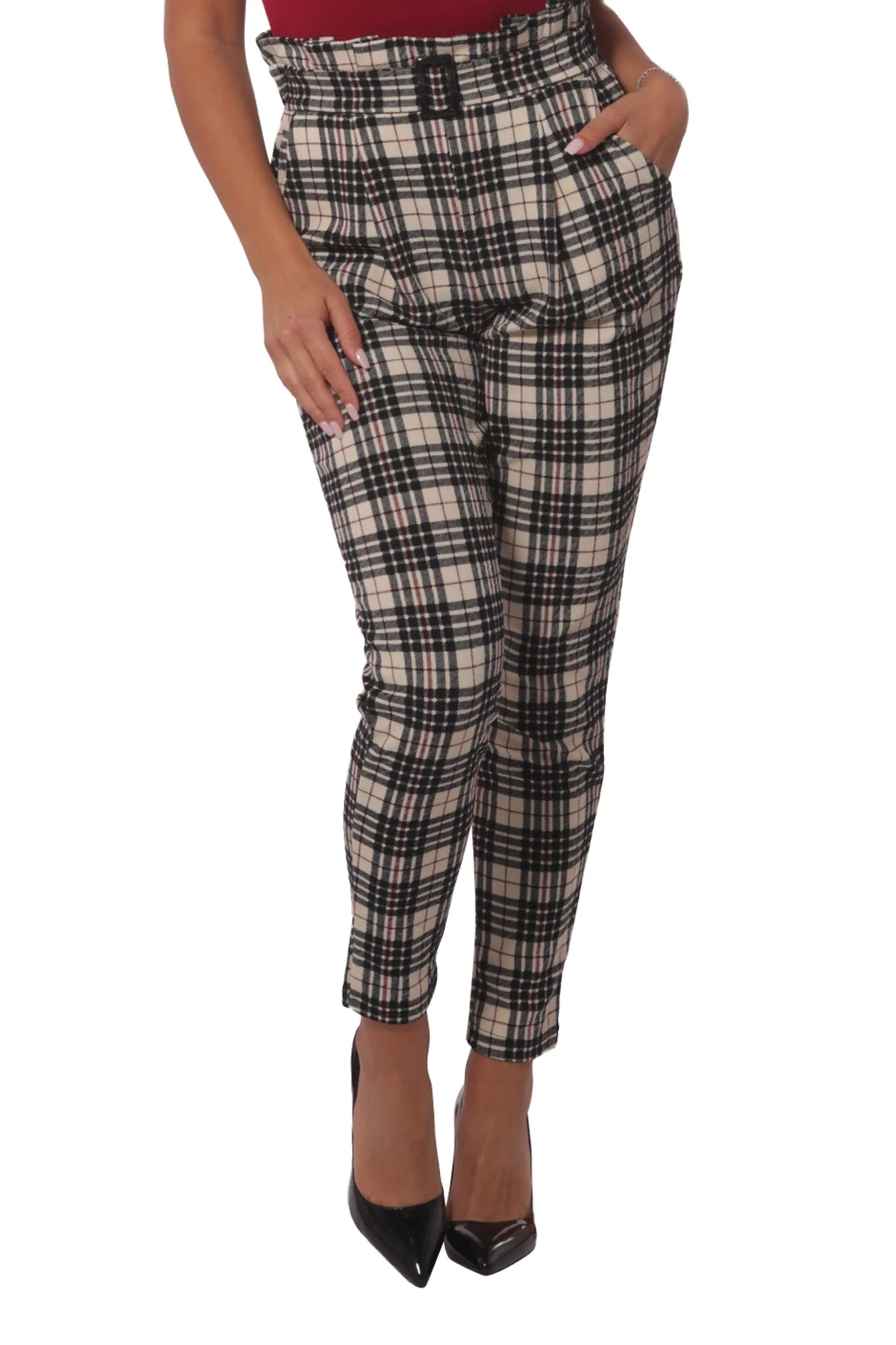 Paperbag Waist Knit Crepe Pleat Pants With Buckle Belt - Cream, Black, Red Plaid