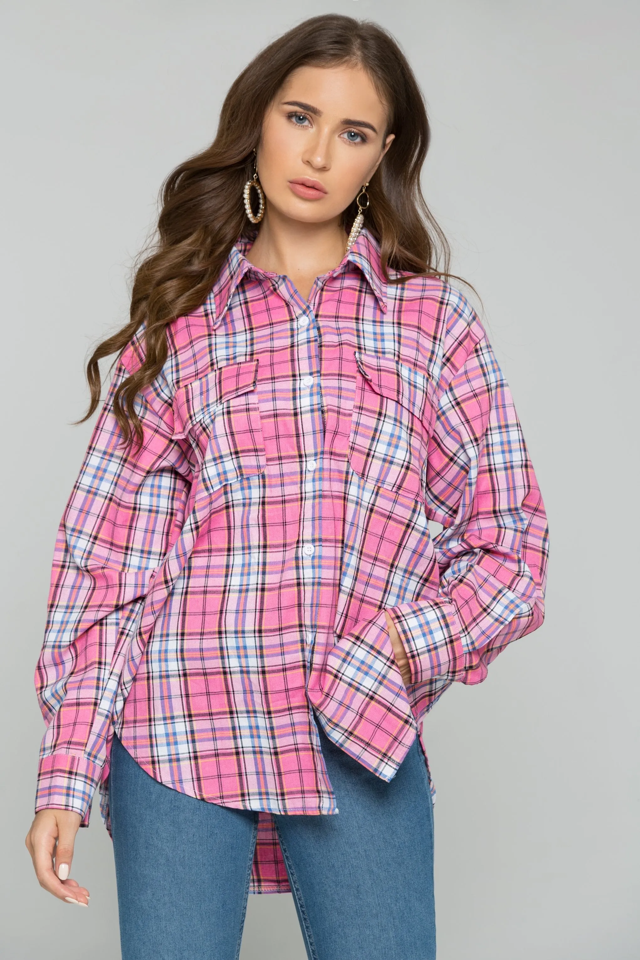 Pink Plaid Front Pocket Button Up Top