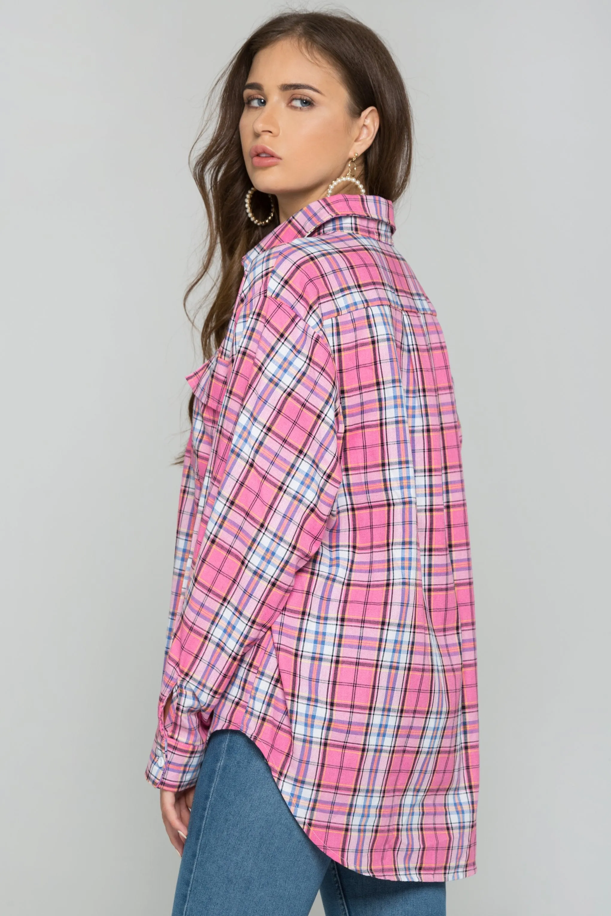 Pink Plaid Front Pocket Button Up Top