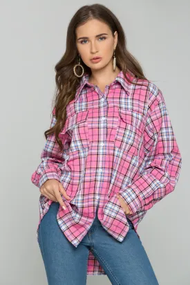 Pink Plaid Front Pocket Button Up Top