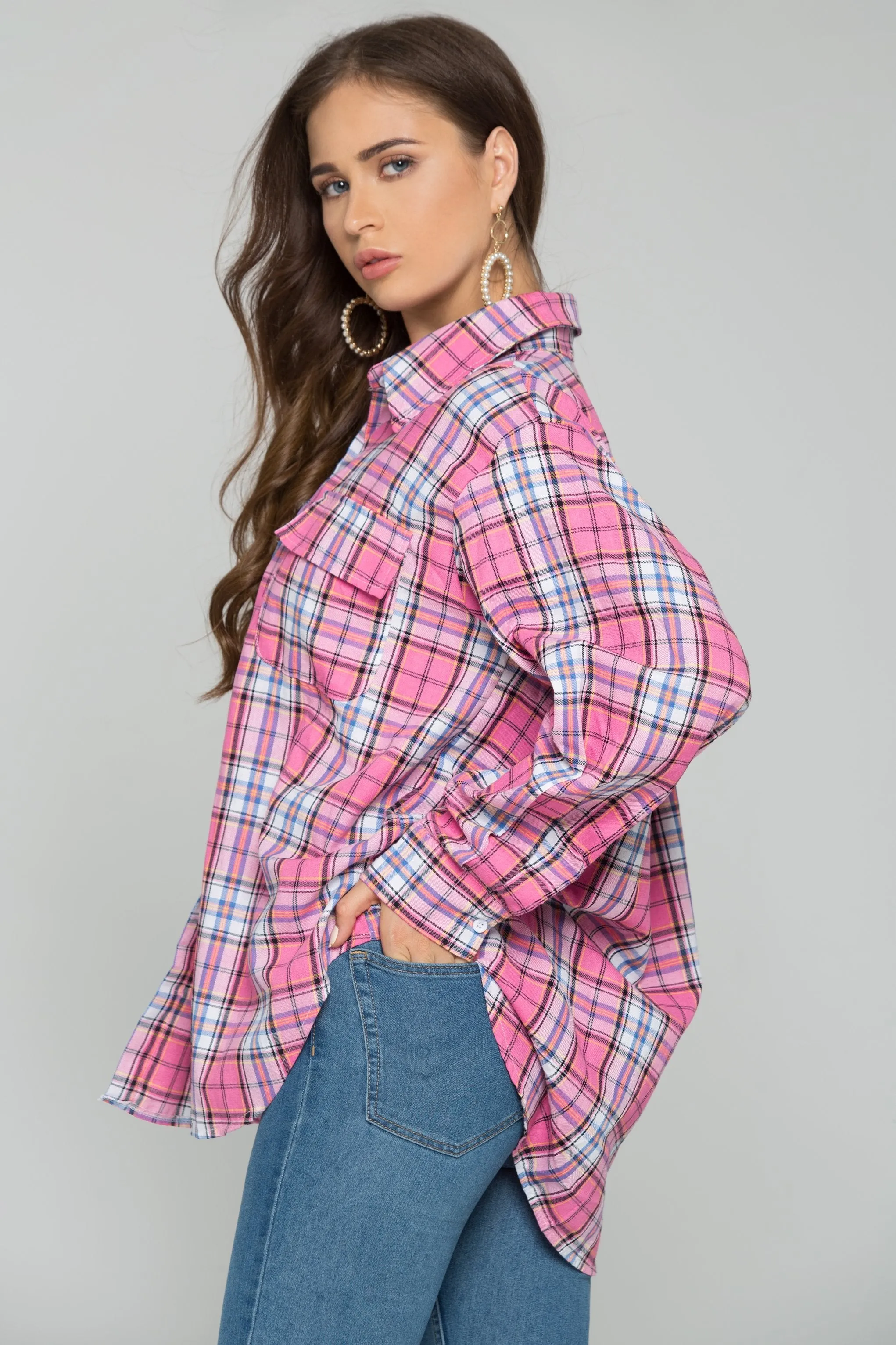 Pink Plaid Front Pocket Button Up Top