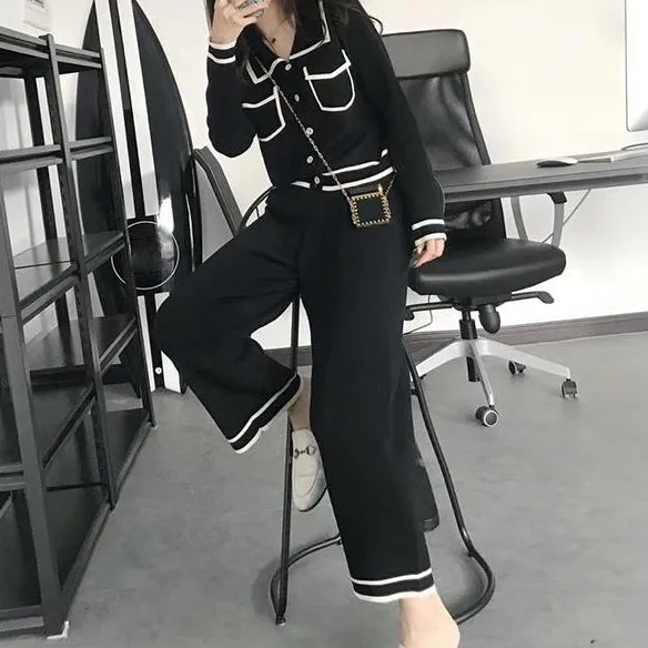 Pocket-Breasted Top Knit Wide-Leg Pant Set