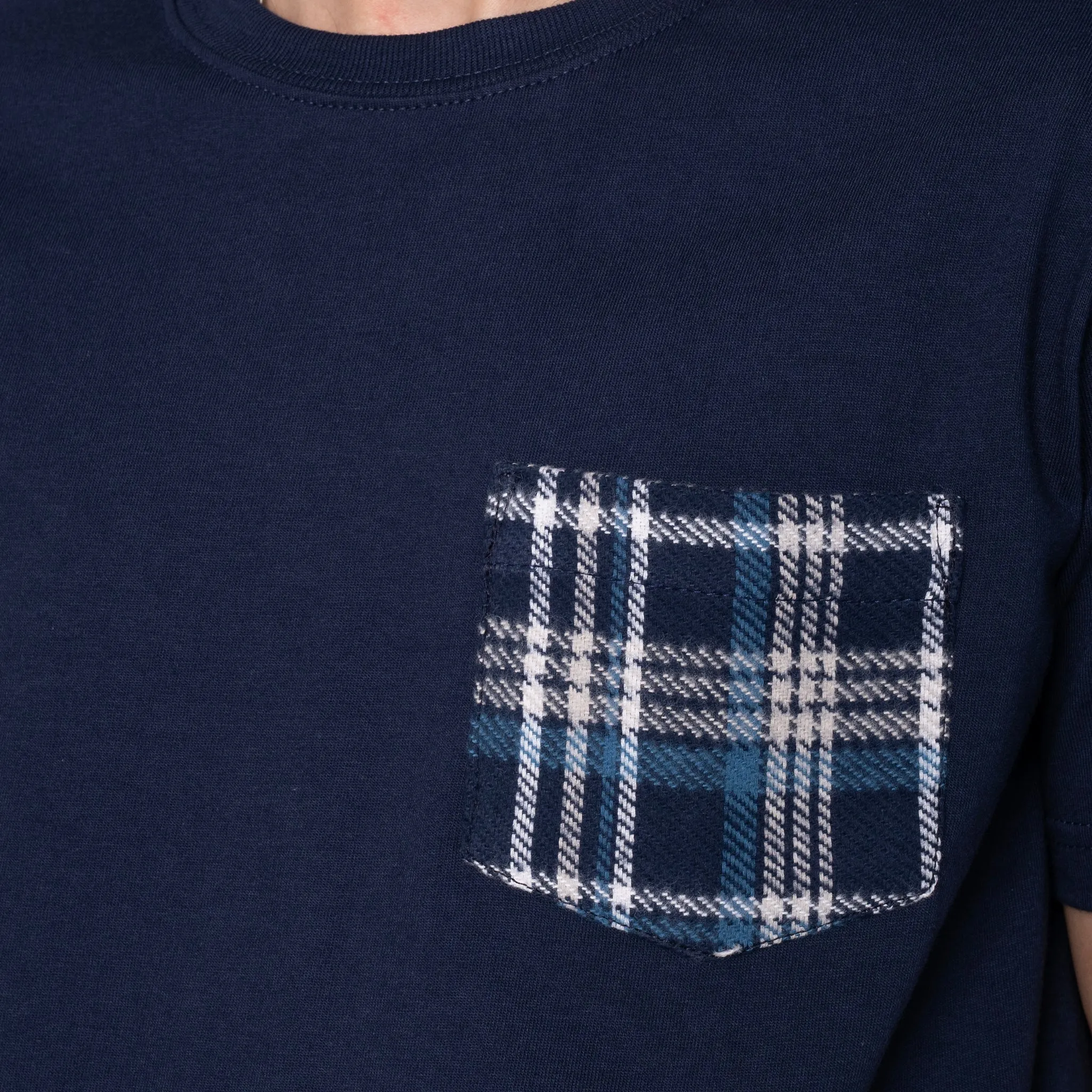 Pocket Tee - Navy   Triple Yarn Twill Check Brush - Navy