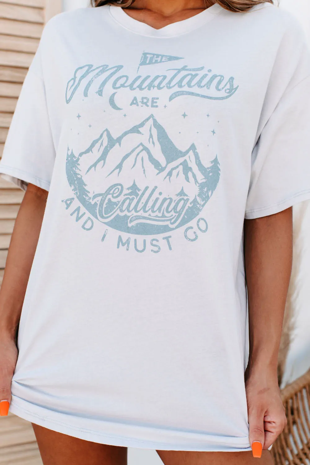 "The Mountains Are Calling And I Must Go" Graphic Top (Silver)