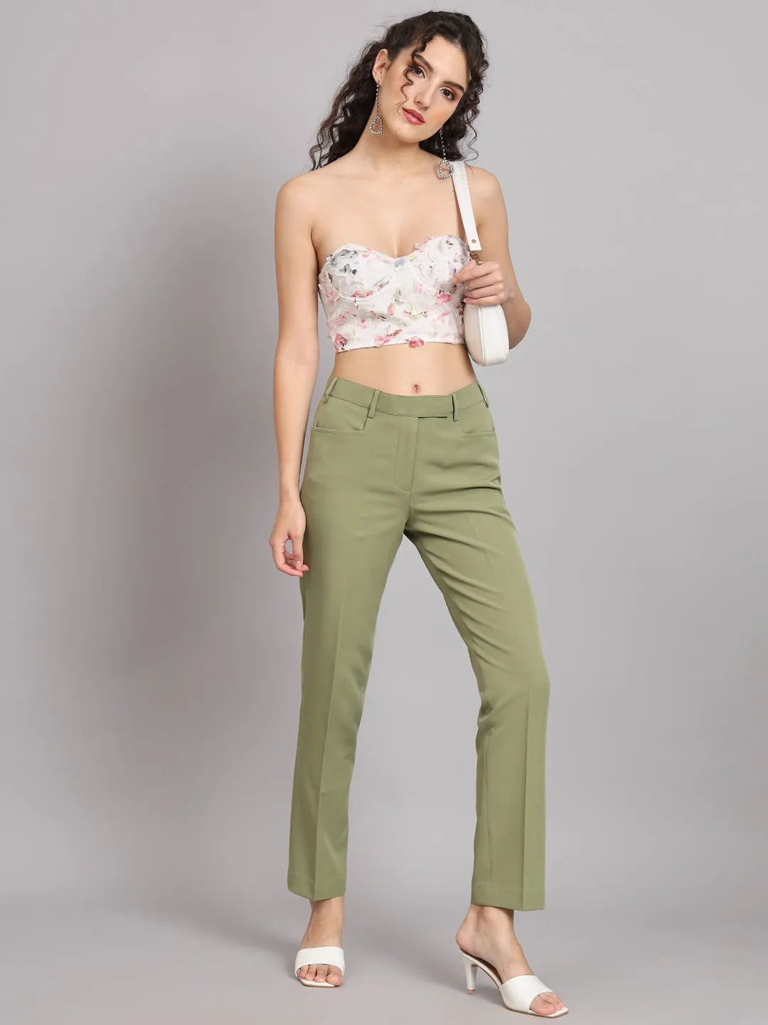 Regular Fit Mid Waist Trouser - Olive Green