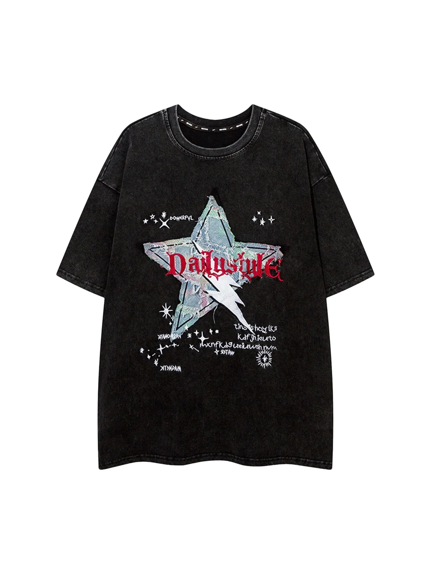 Retro Washed Denim Patch Embroidered Star T-shirt