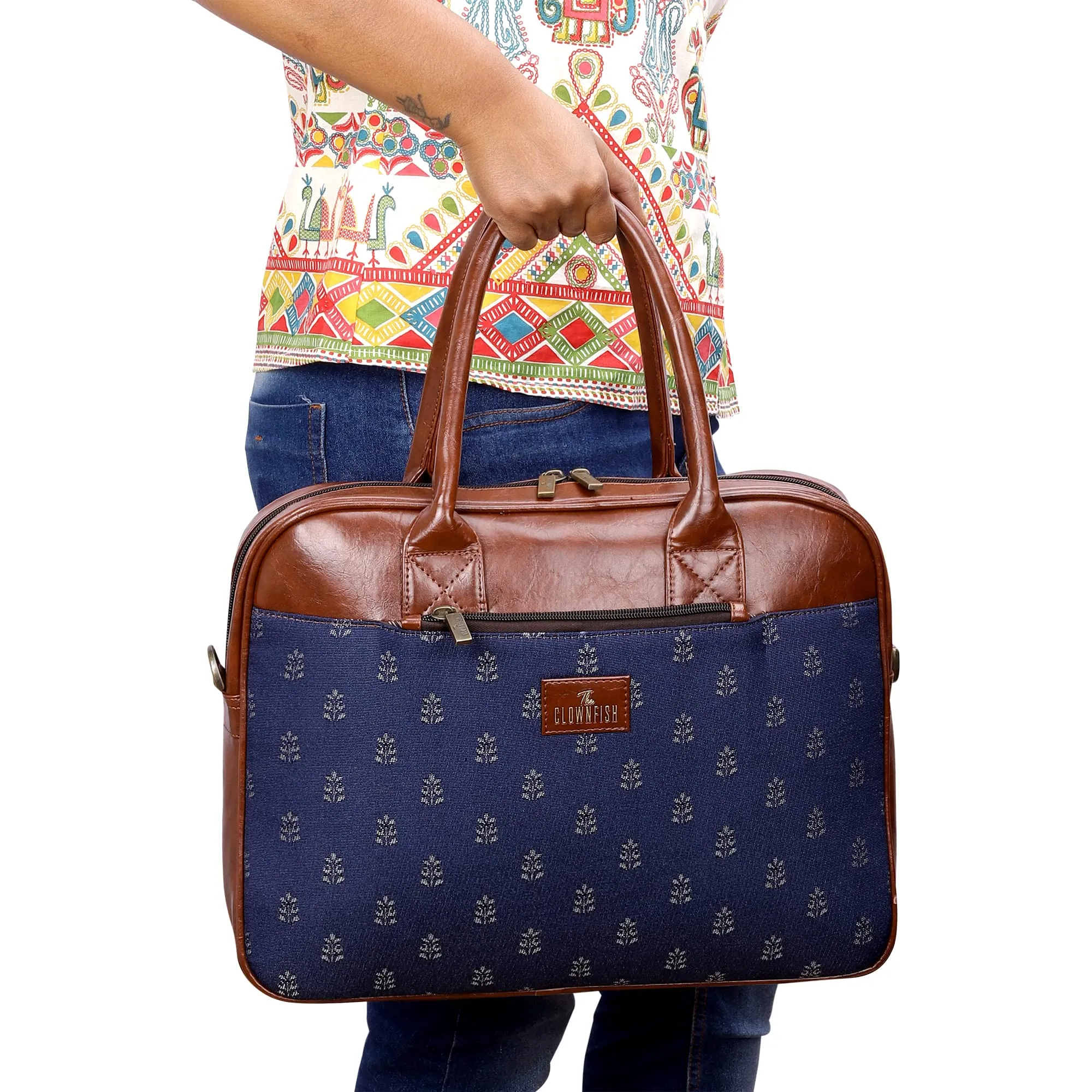 THE CLOWNFISH Deborah series 15.6 inch Laptop Bag For Women Tapestry Fabric & Faux Leather Office Bag Briefcase Messenger Sling Handbag Business Bag (Denim Blue)