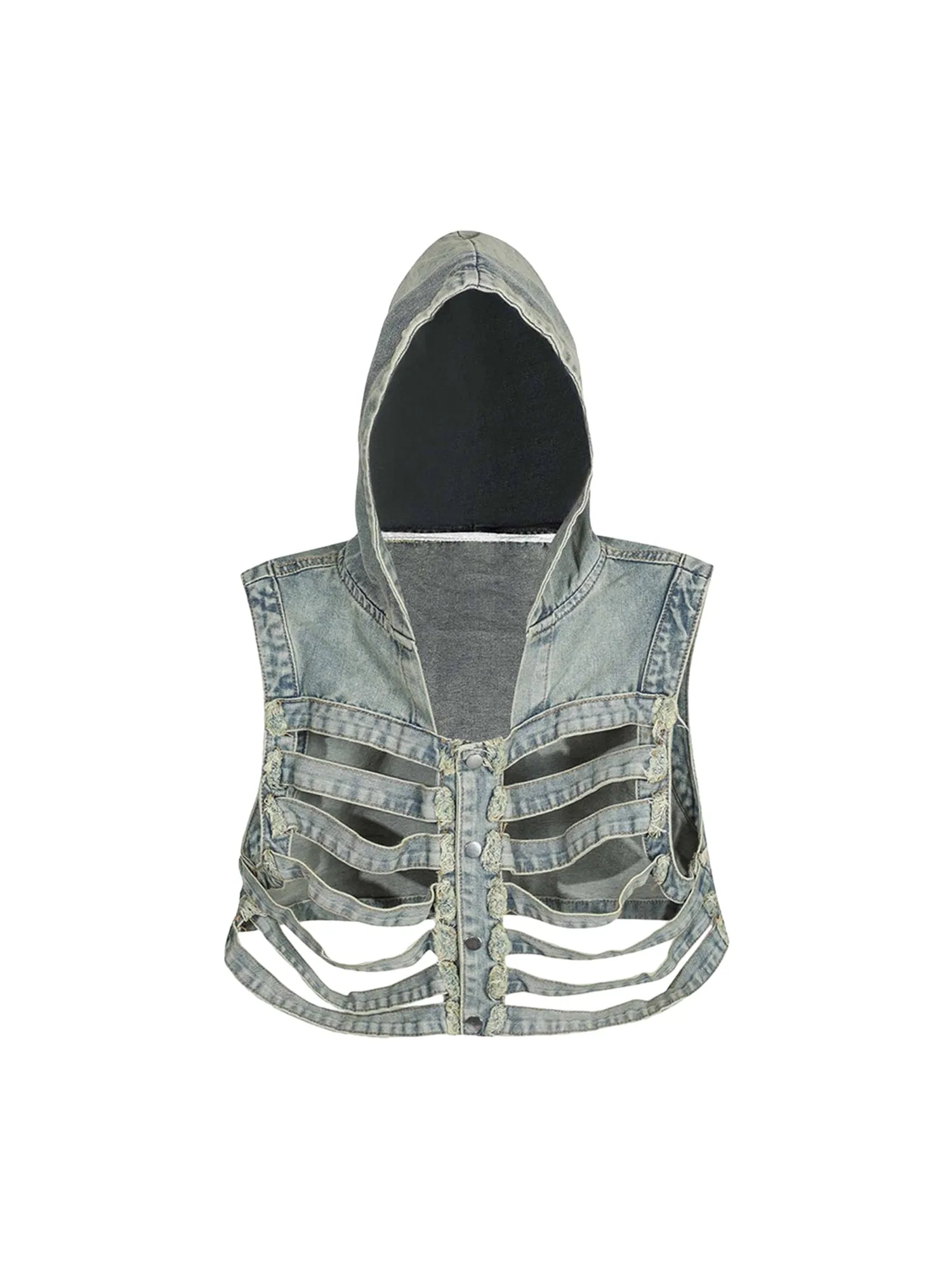 Thesupermade Dark Skeleton Hooded Denim Vest - 1637