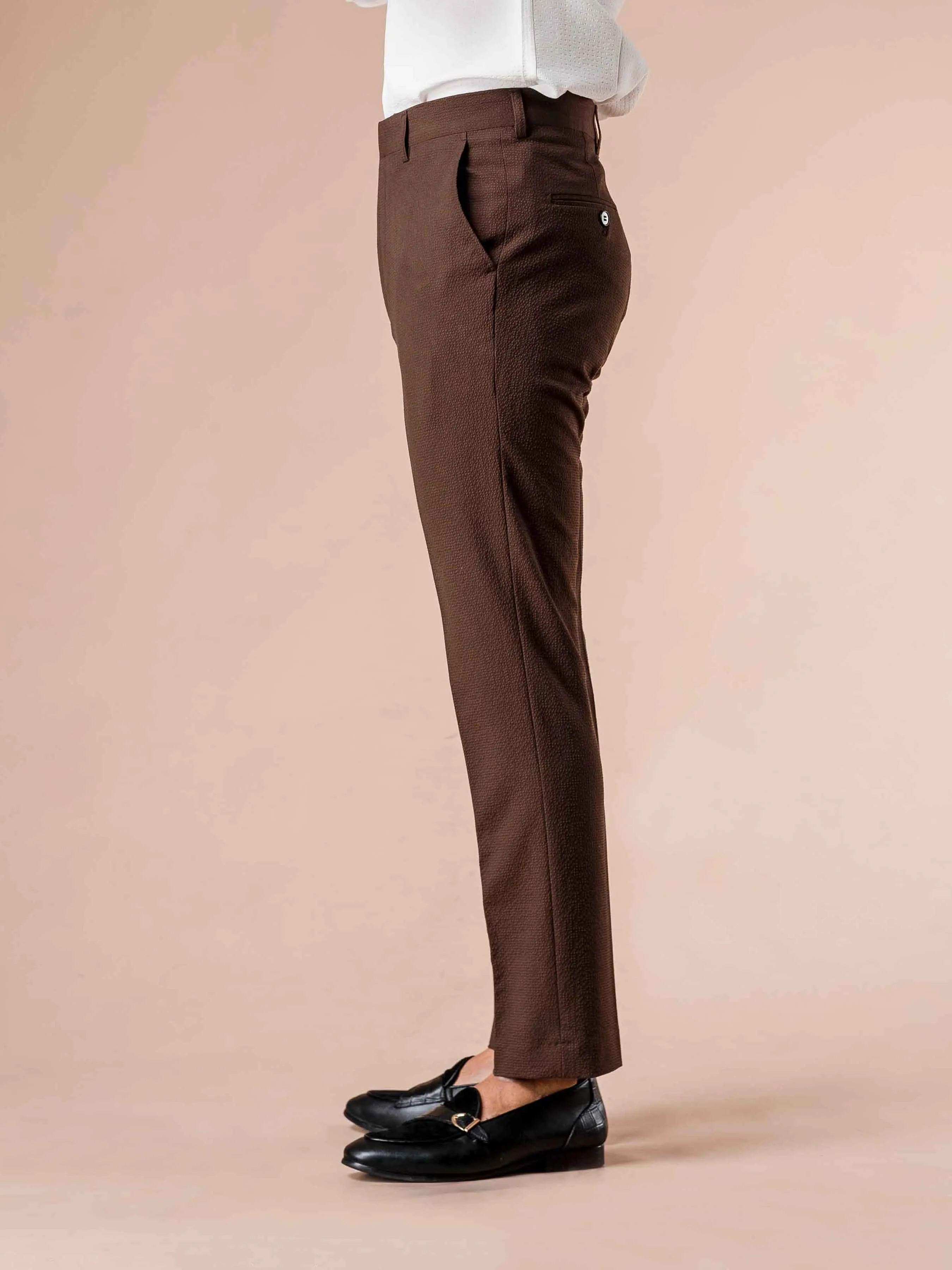 Trousers With Belt Loop - Seersucker Coffee Plain (Stretchable)