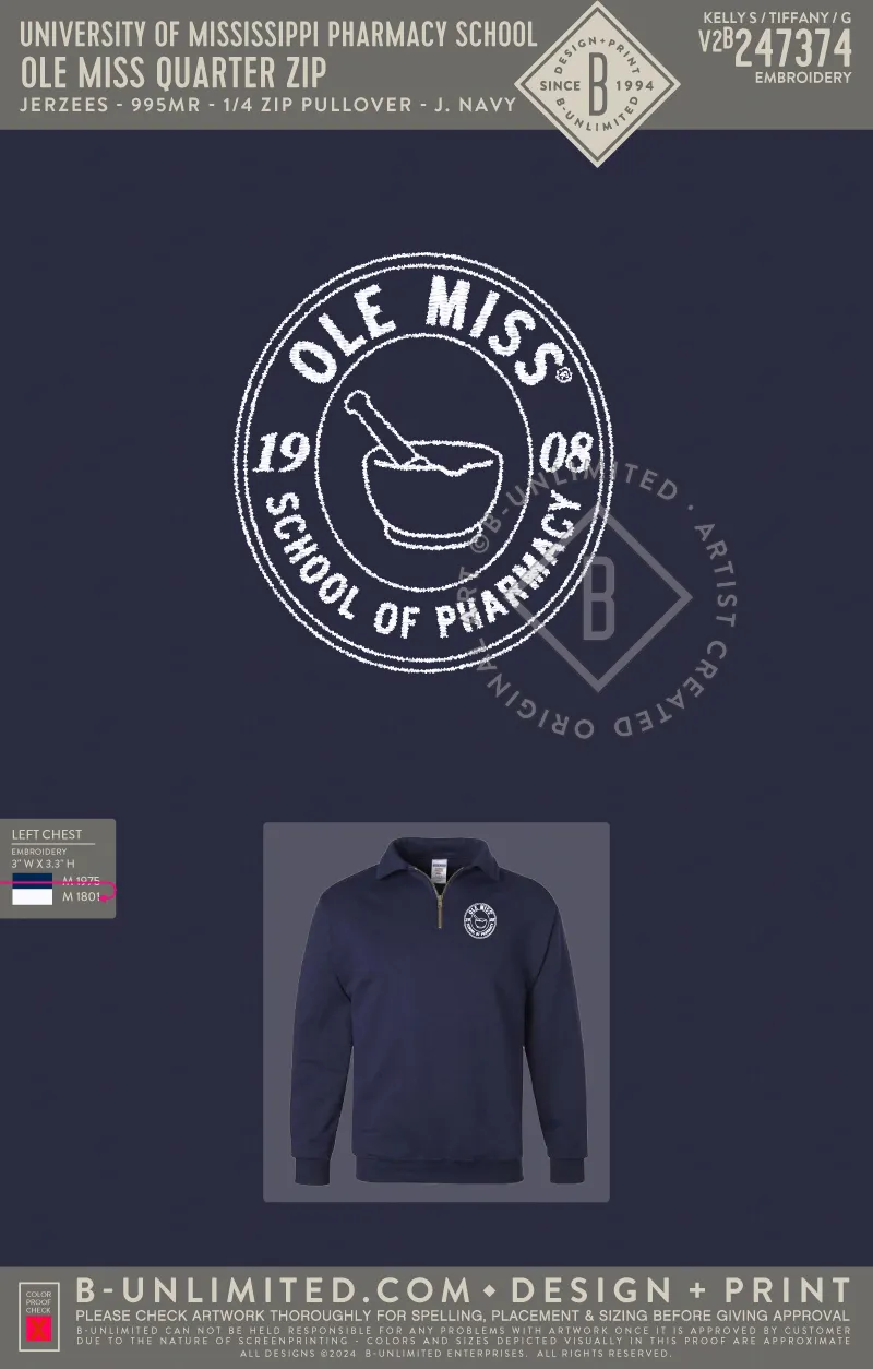 University of Mississippi Pharmacy School - Ole Miss Quarter Zip - Jerzees - 995MR - 1/4 Zip Pullover - J. Navy