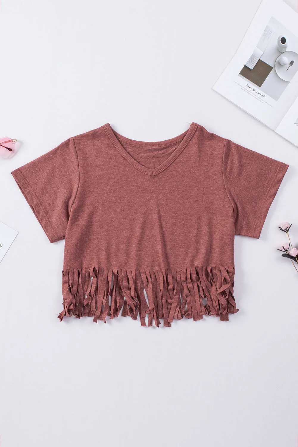 V-Neck Fringe Hem T-Shirt