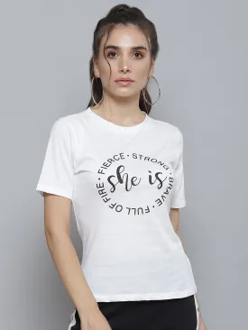 White SHE IS STRONG Print Round Neck T-Shirt