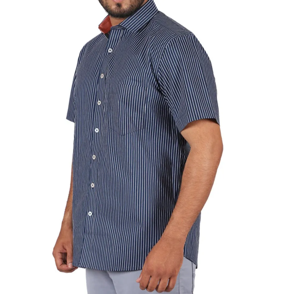 White Stripe On Navy Half Sleeves Shirt