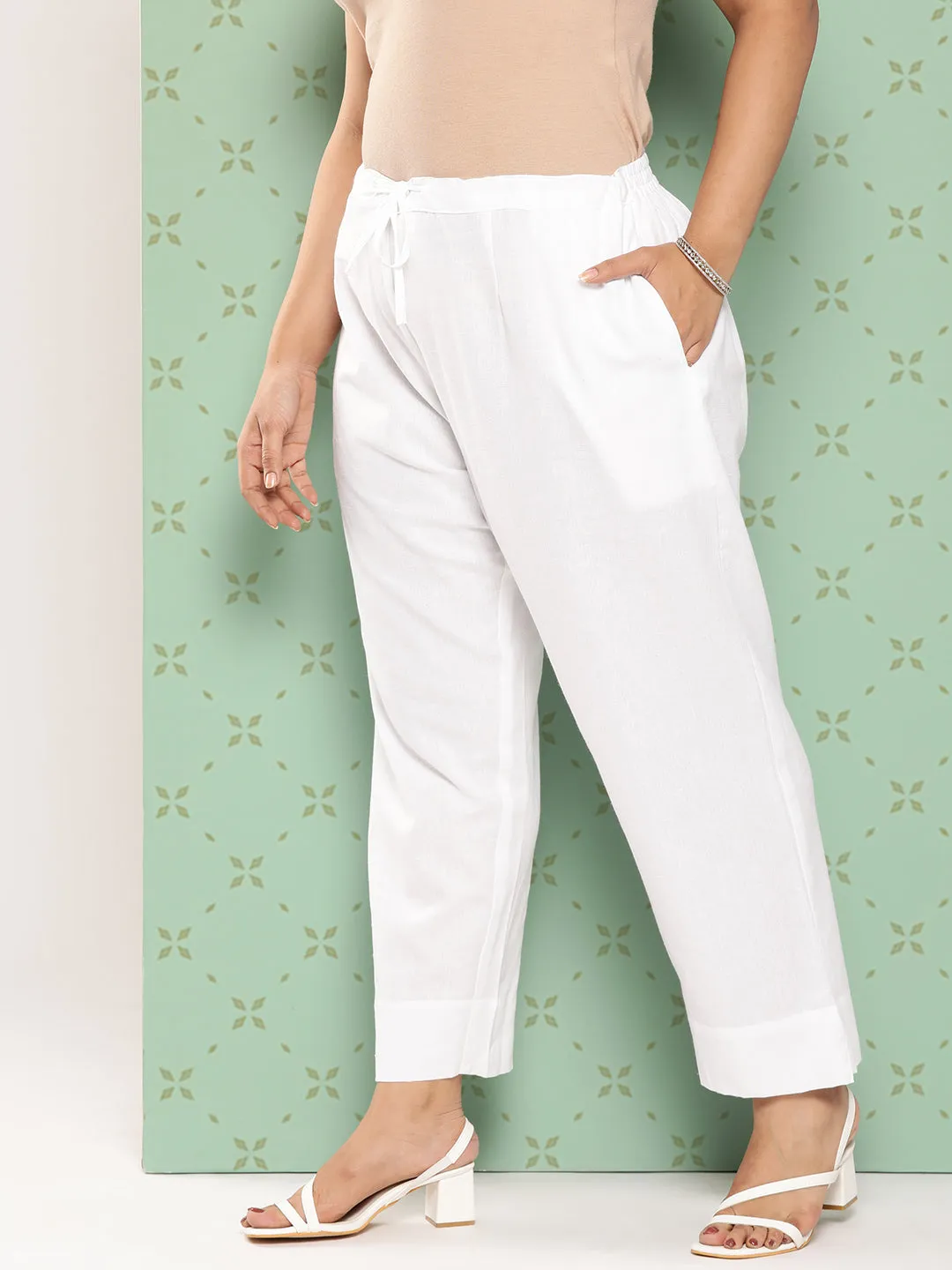 Women Plus Size White Cotton Trouser