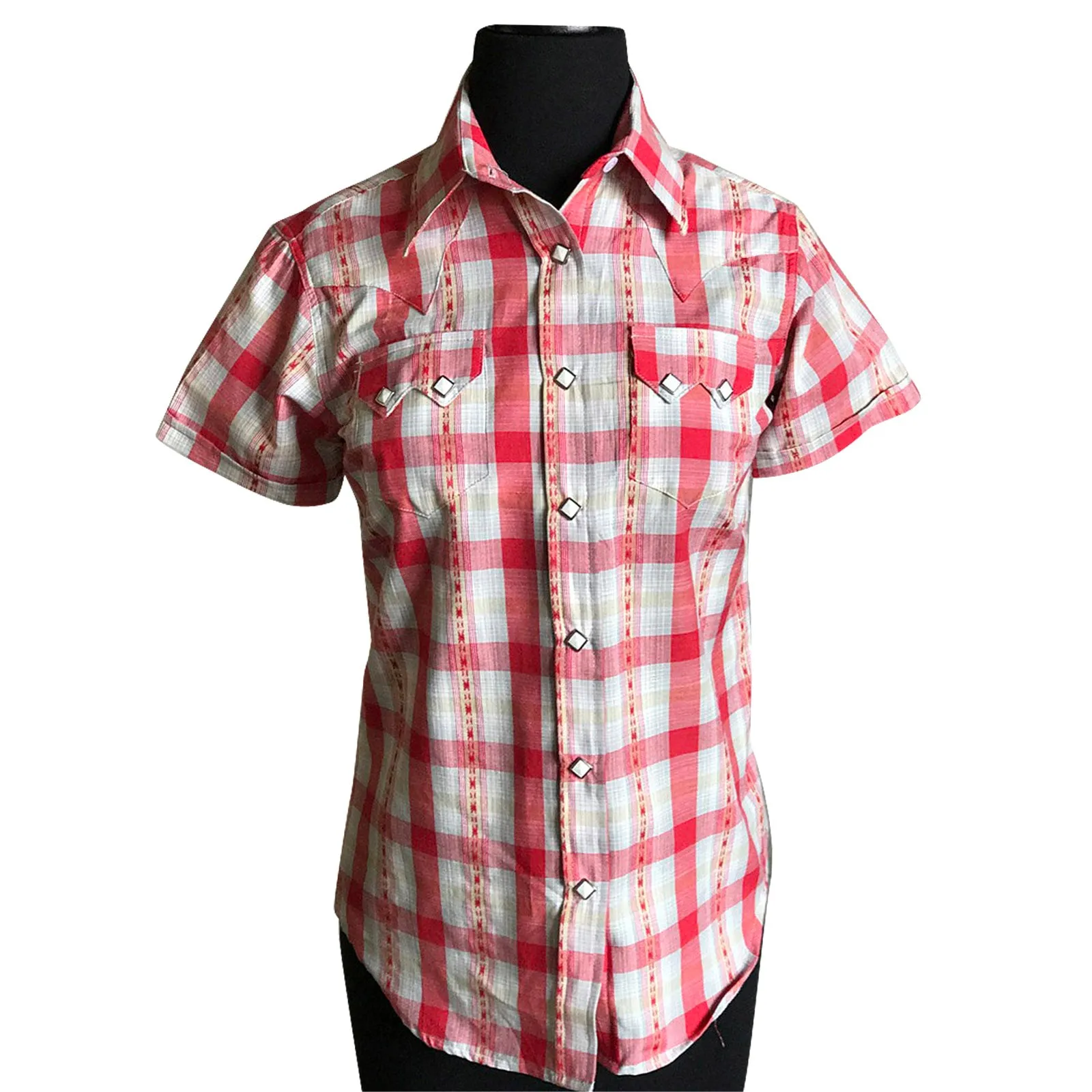 Women's Shadow Plaid Dobby Lurex Short Sleeve Western Shirt in Red