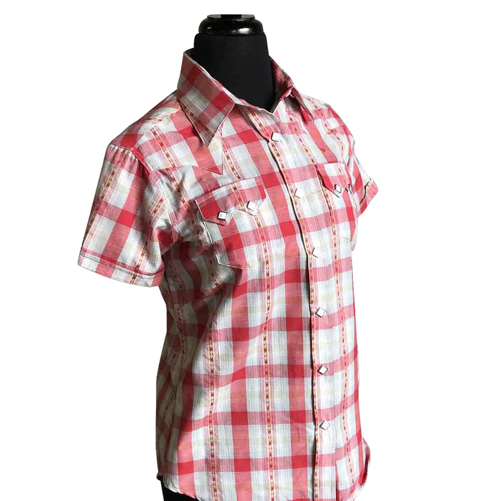 Women's Shadow Plaid Dobby Lurex Short Sleeve Western Shirt in Red